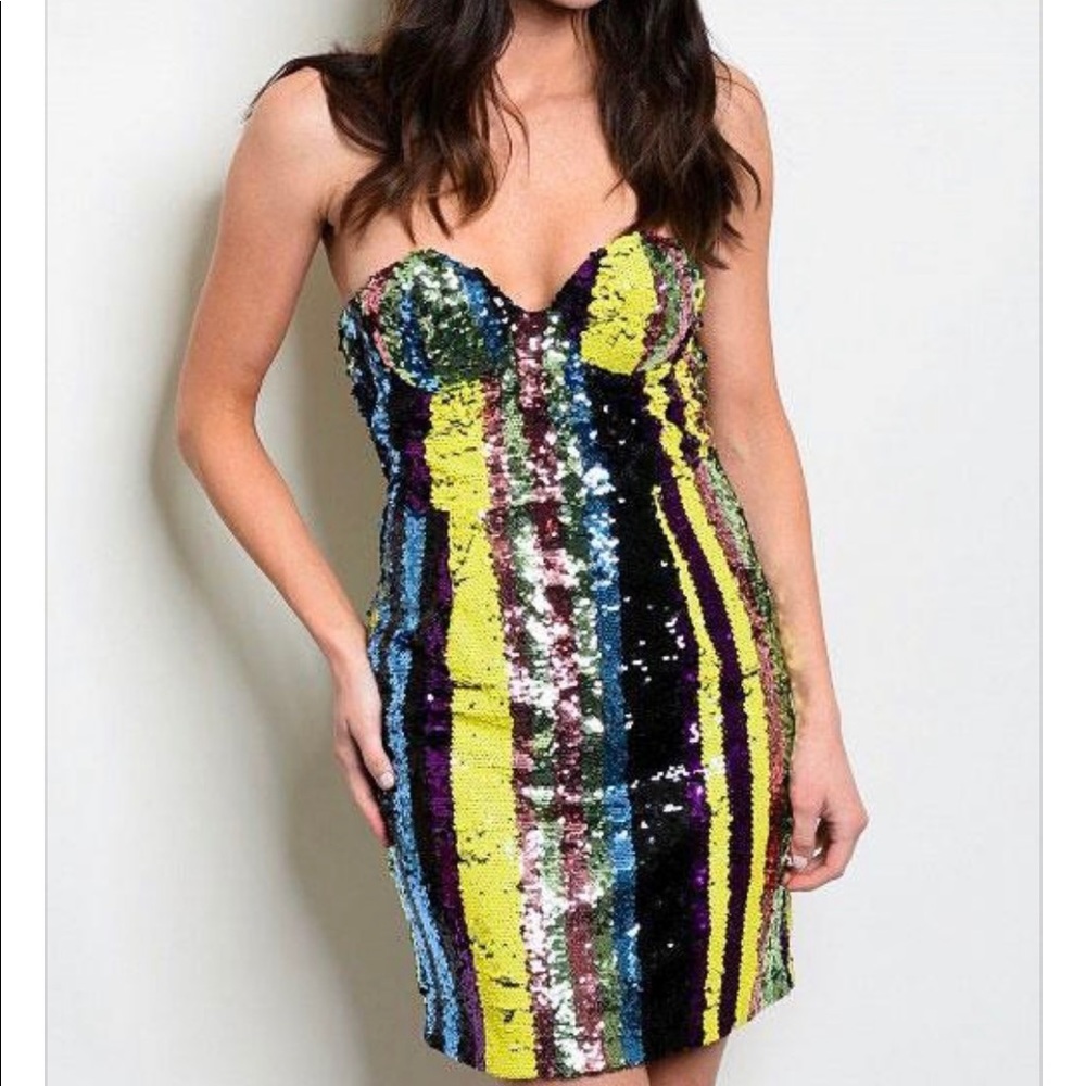 Sequin Striped Strapless Dress